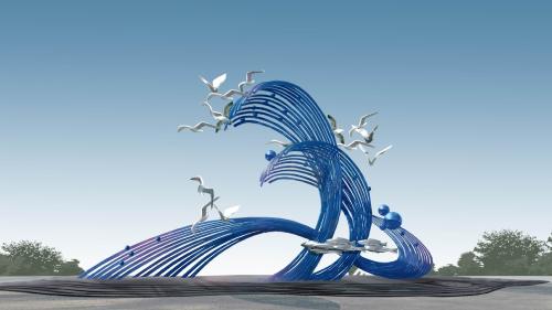 海鸥与不锈钢管海浪最新雕塑手绘设计稿