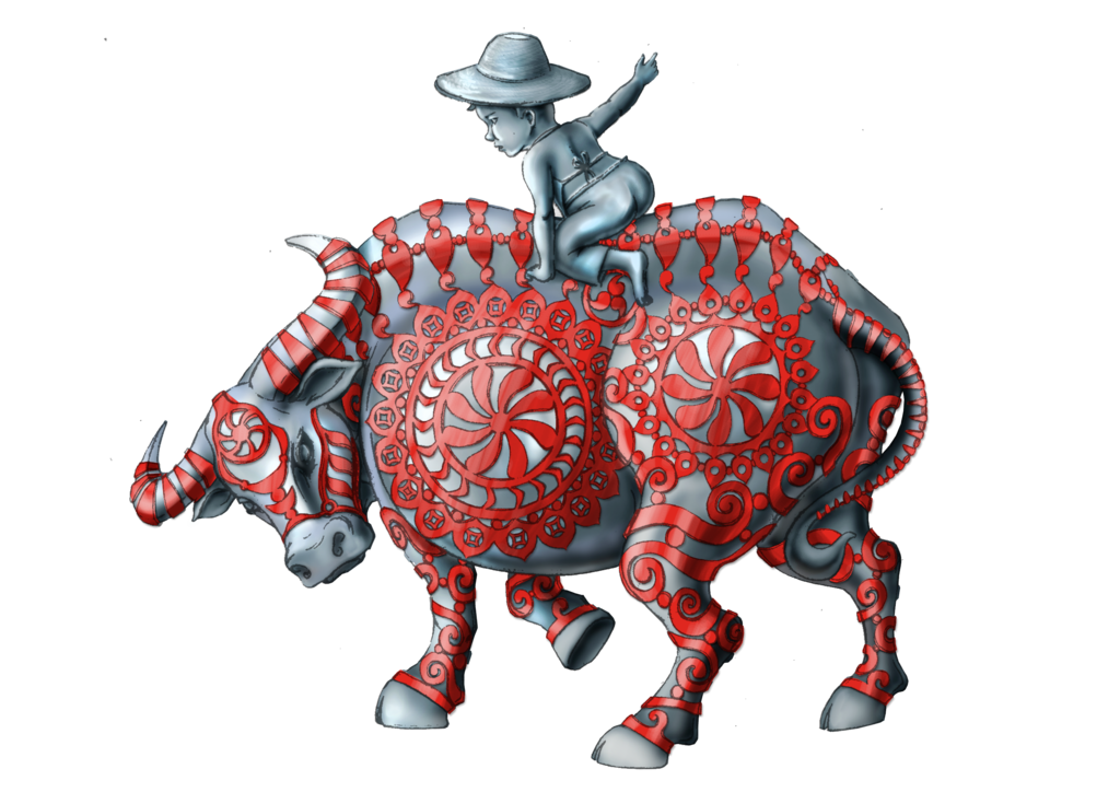 放牛骑牛的牛童彩色花纹最新雕塑手绘设计稿