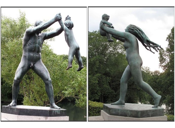 维格兰雕塑公园抱着小孩的男人女人