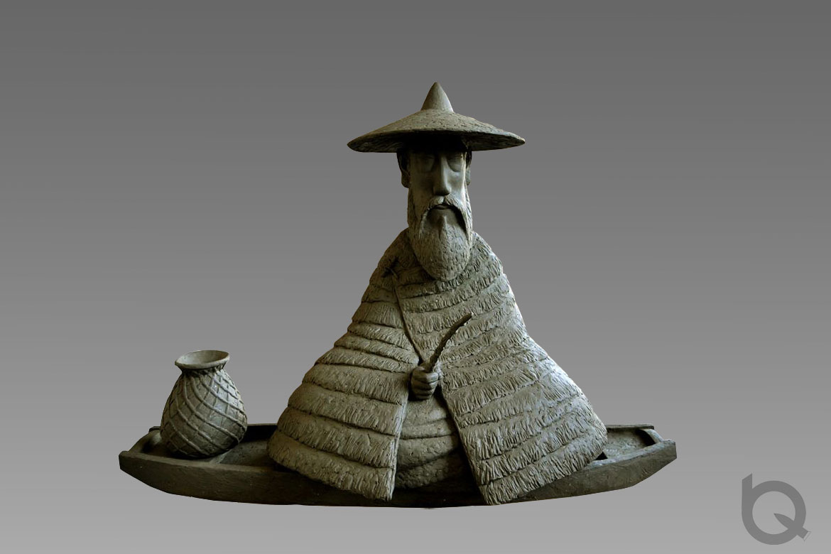 夸张手法的姜太公钓鱼铸铜雕塑设计